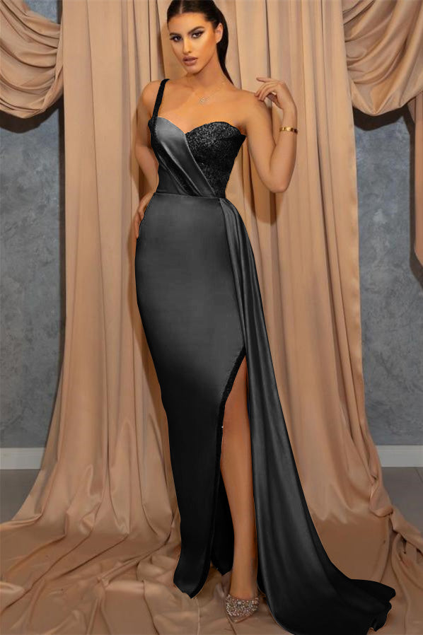 Sky Blue One Shoulder Spaghetti-Straps Slit Sweetheart Mermaid Evening Dress With Sequins