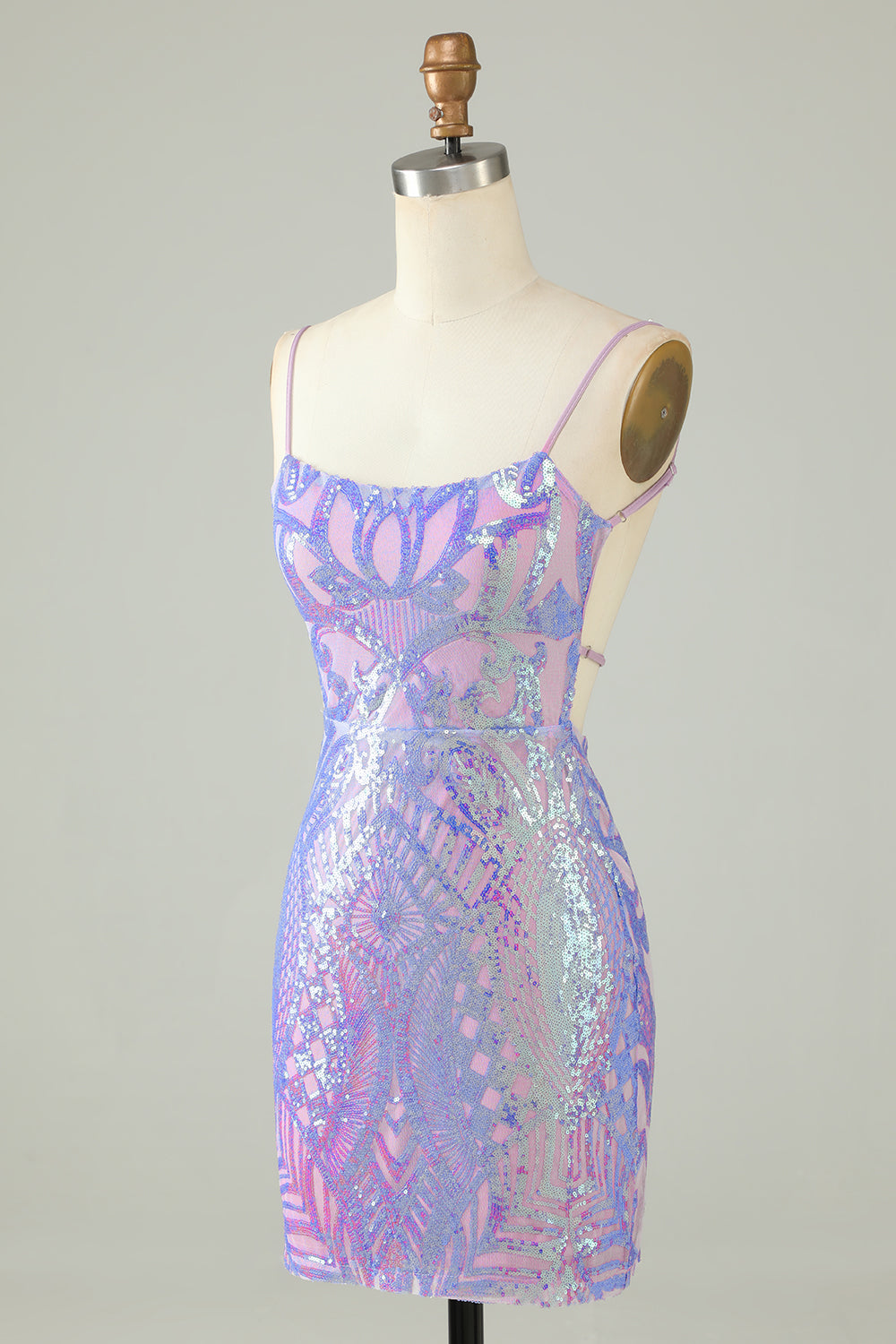 Sparkly Purple Spaghetti Straps Backless Short Tight Homecoming Dress/Mini Dress with Sequins