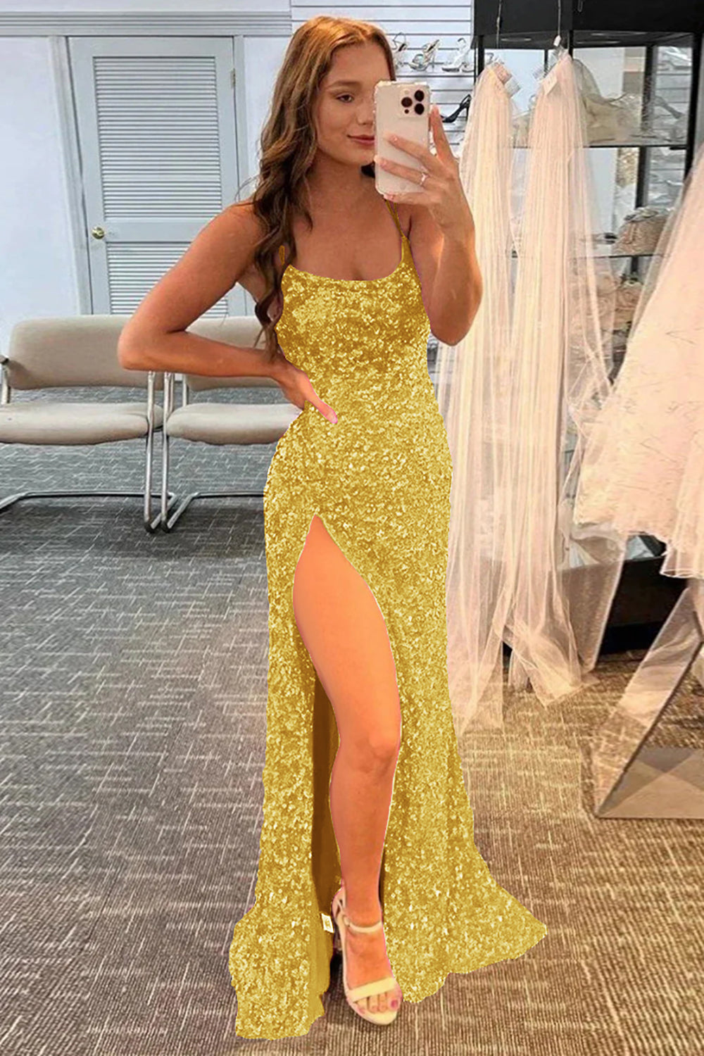 Long Red Prom Dress with Mermaid Sequins and Slit