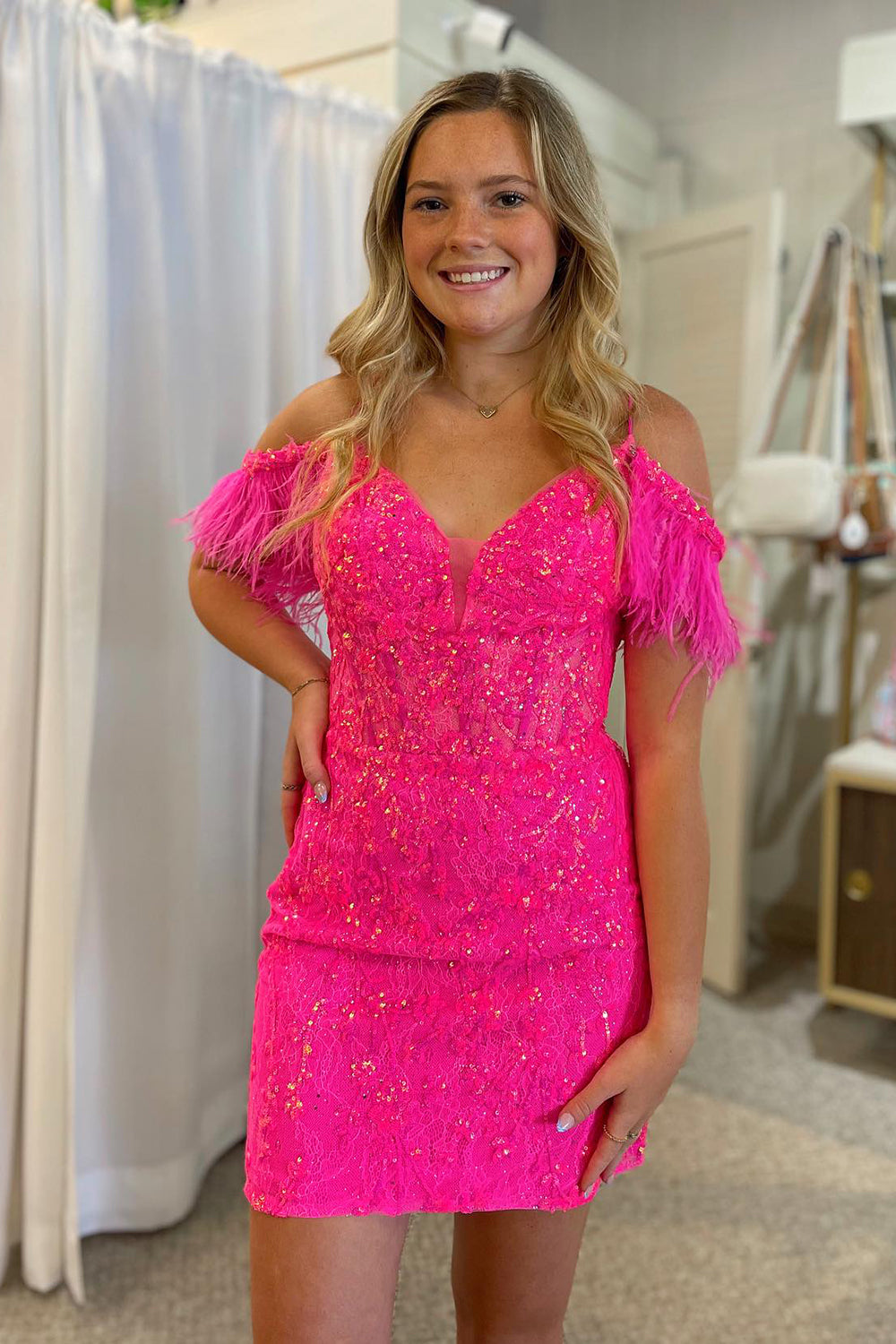 Sparkly Fuchsia Sequin Lace Tight Short Homecoming Dress/Mini Dress with Feathers