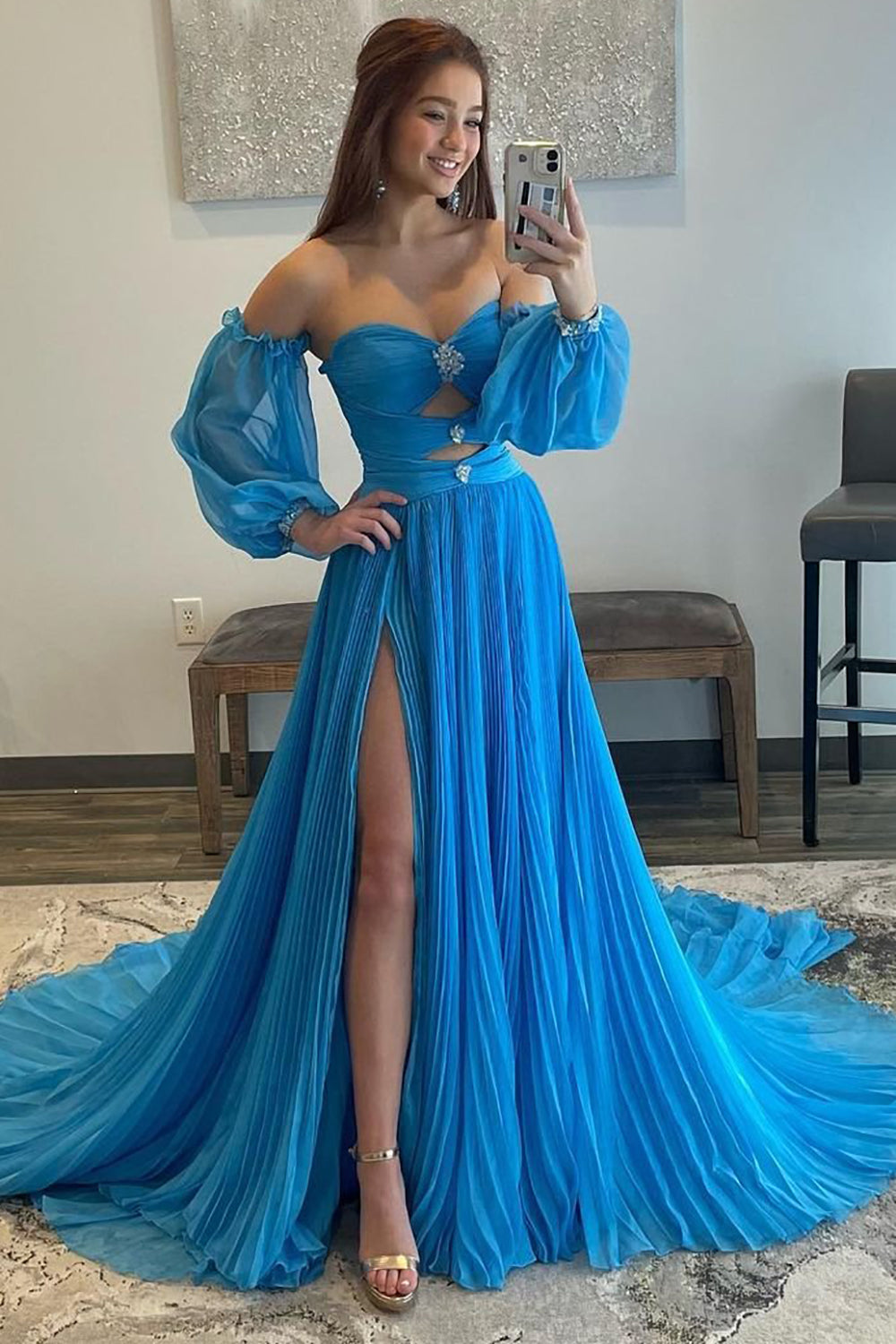 Long Blue Sweetheart A-Line Prom Dress Featuring a Front Split