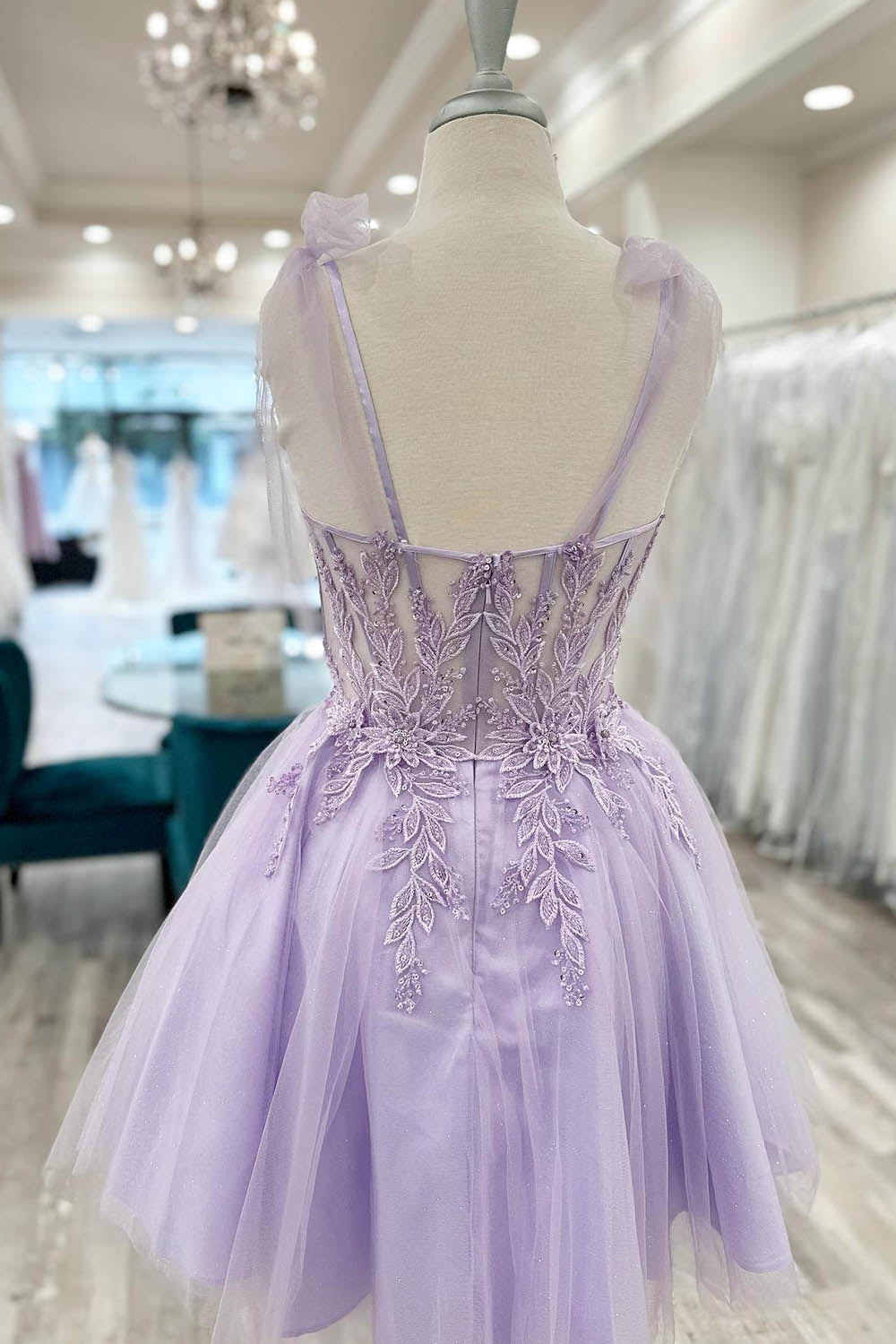 Purple Corset A-Line Tulle Short Flower Homecoming Dress/Mini Dress with Lace