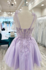 Purple Corset A-Line Tulle Short Flower Homecoming Dress/Mini Dress with Lace