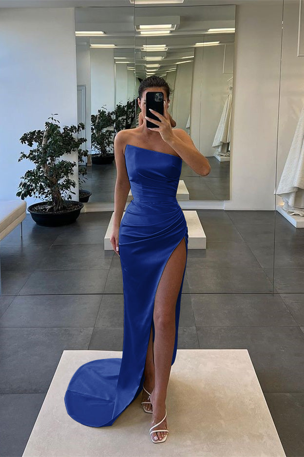 Sleeveless Mermaid Strapless Long Slit Evening Dress