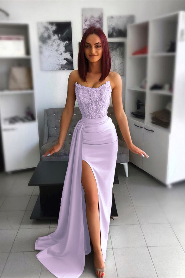 Strapless Pink Slit Mermaid Evening Dress With Chic Appliques