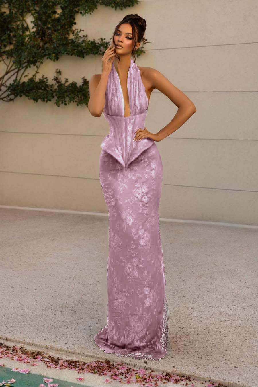 Halter V Neck Sleeveless Long Mermaid Formal Dress With Appliques