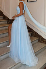 Sky Blue Long Prom Dress with Elegant A Line and Spaghetti Straps Featuring a Split Front