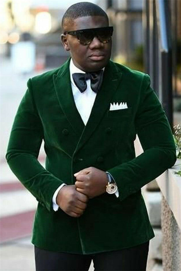 Newest Peaked Lapel Dark Green Marriage Blazer Suit Velvet with Double-Breasted