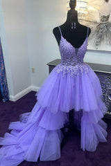 Purple High Low Tiered Homecoming Dress/Mini Dress with Lace