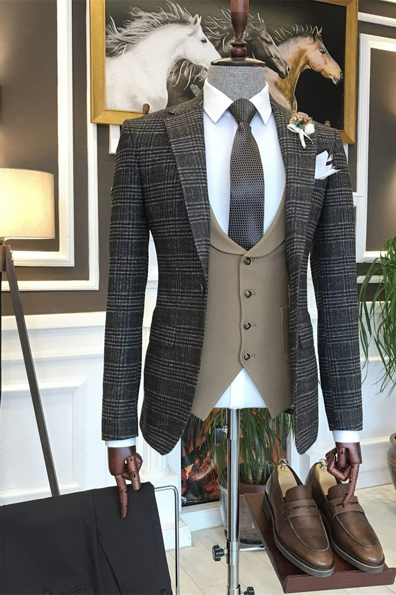 Bertran Chic Dark Grey Plaid Peaked Lapel Three-Piece Business Men's Suits