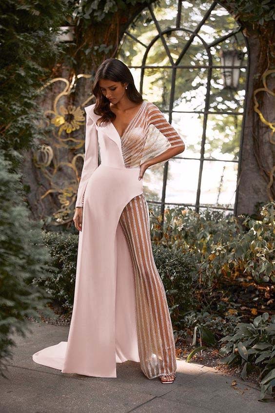 White Asymmetric V-Neck Jumpsuit Distinctive Women's Party Jump Suit