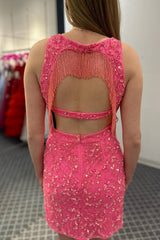 Sparkly Fuchsia Fringed Open Back Tight Short Homecoming Dress/Mini Dress