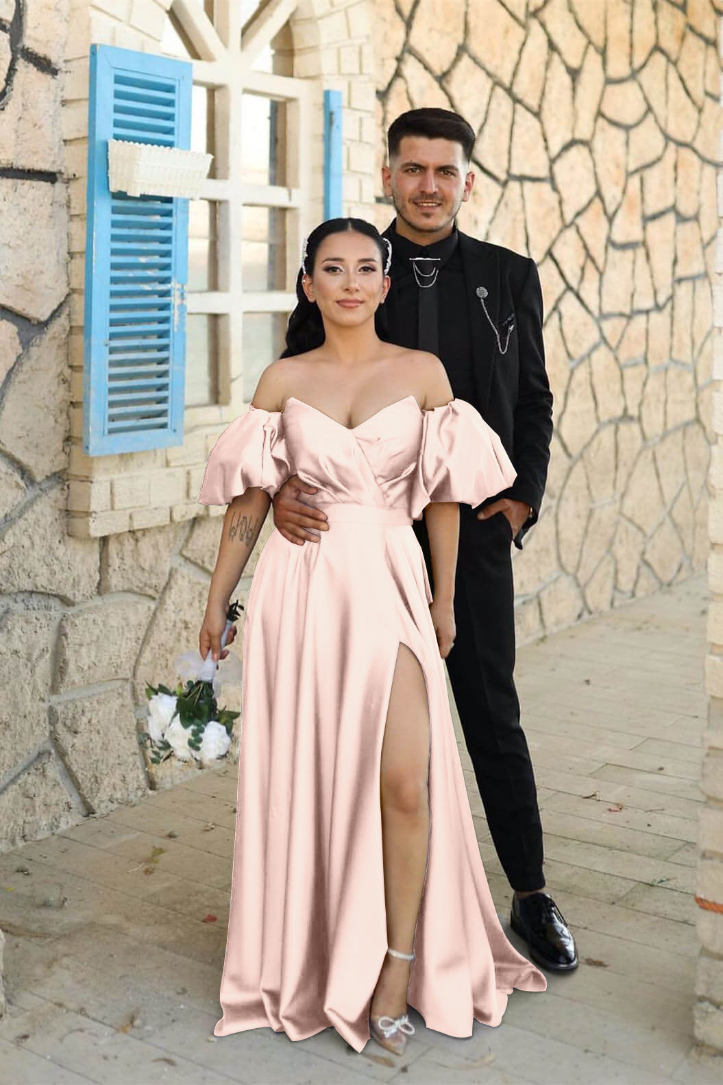 Off-The-Shoulder Dusty Blue Puff Sleeves Evening Dress With Front Split Sweetheart