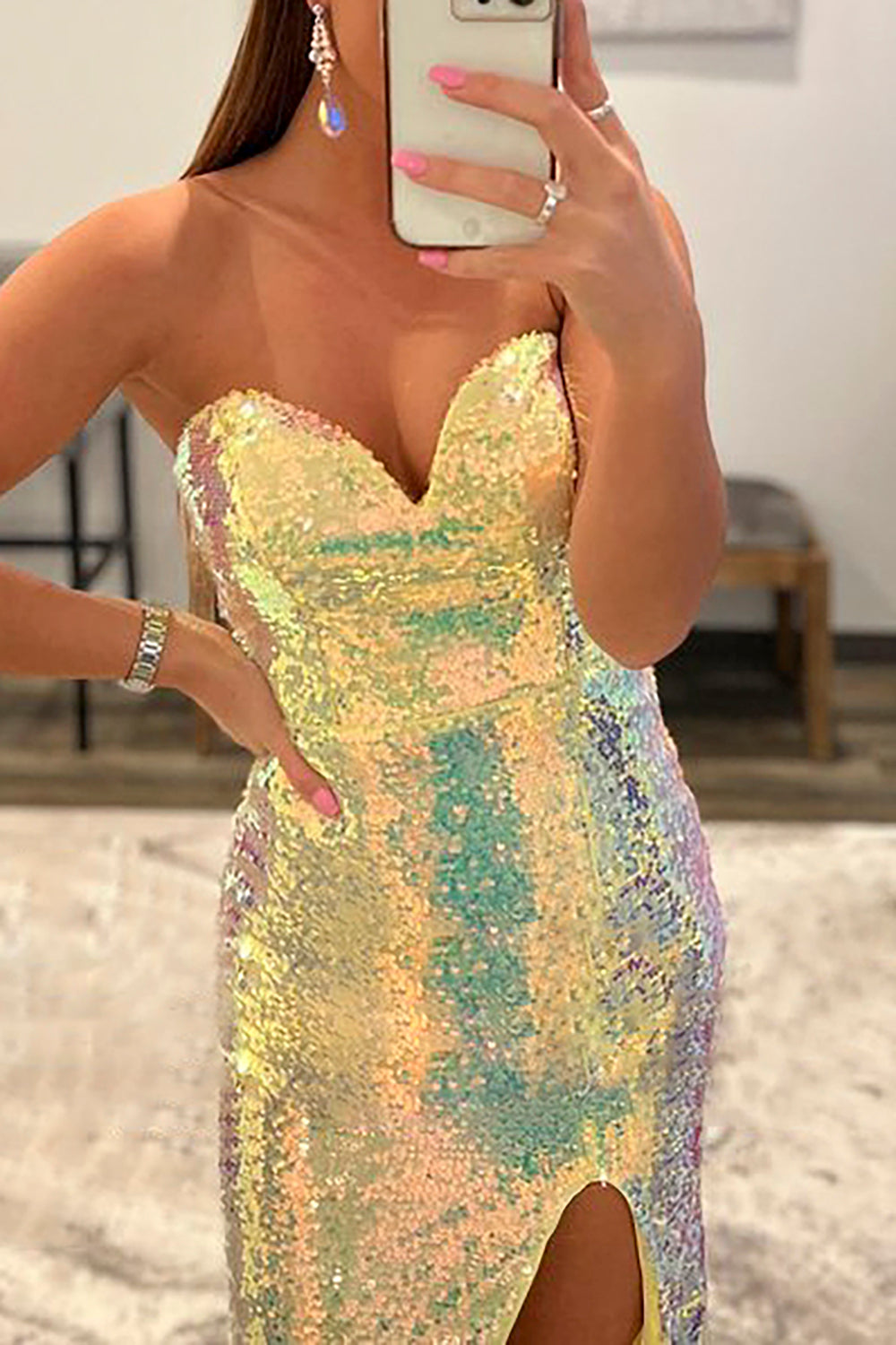 Sequined Yellow Prom Dress with Strapless Design and Slit