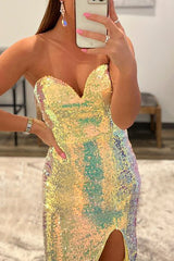 Sequined Yellow Prom Dress with Strapless Design and Slit