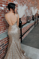 Champagne Sequined Long Prom Dress with Deep V Neck and Sweep Train