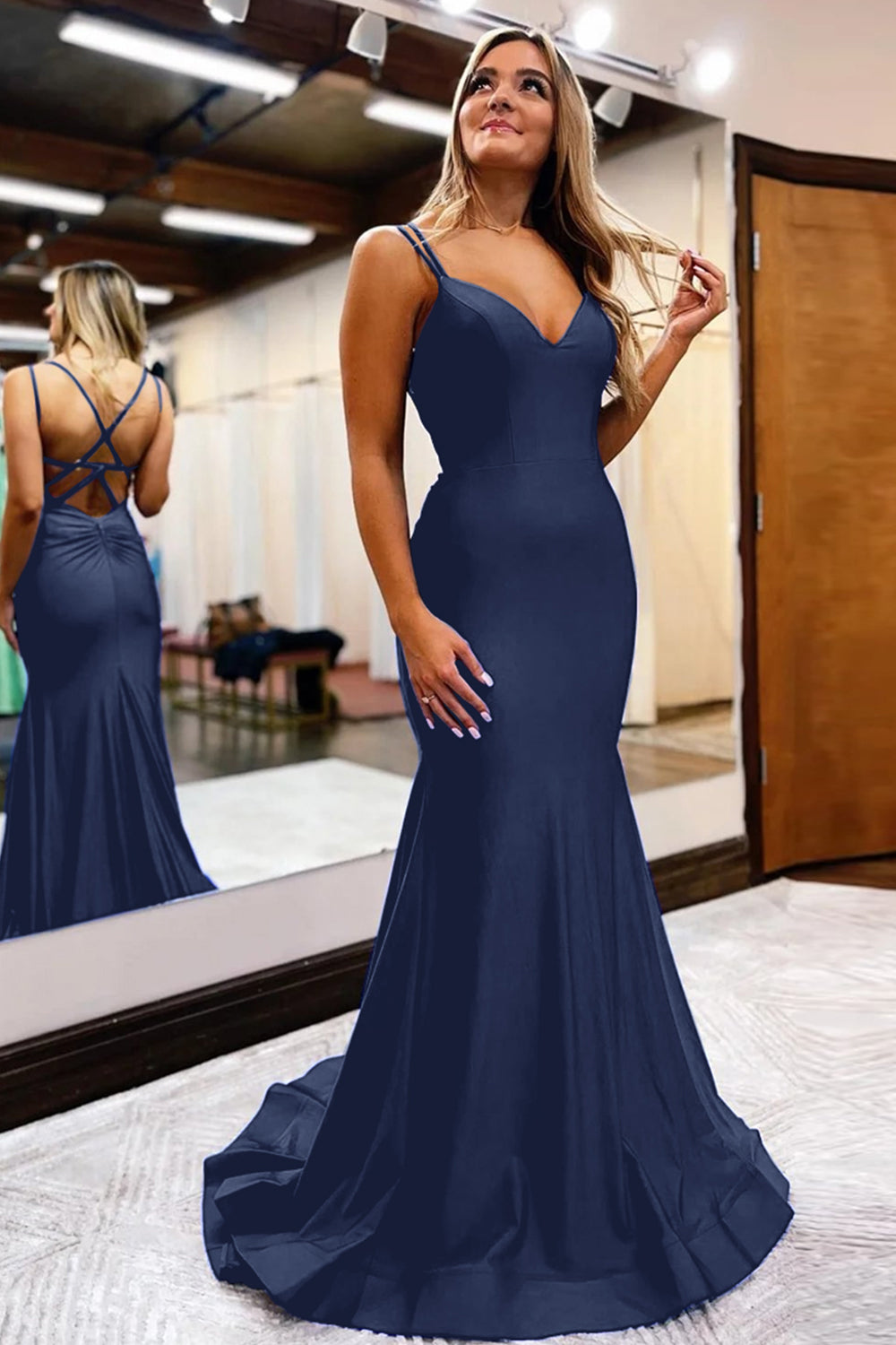 Simple Mermaid Prom Dress with Royal Blue Spaghetti Straps