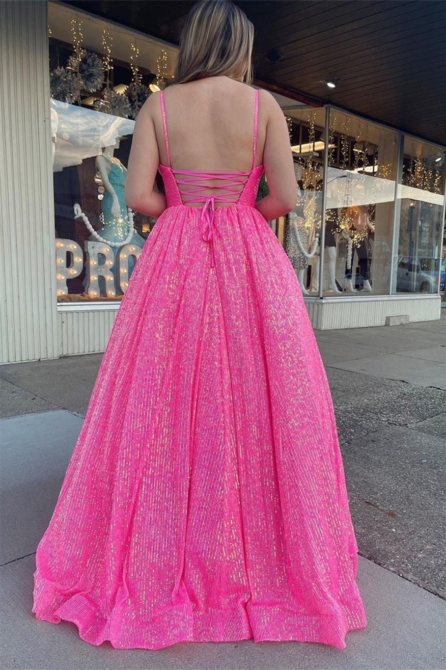 Hot Pink Sweetheart Sequins Spaghetti Strap Ball Gown Evening Dress With Backless