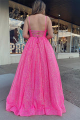 Hot Pink Sweetheart Sequins Spaghetti Strap Ball Gown Evening Dress With Backless