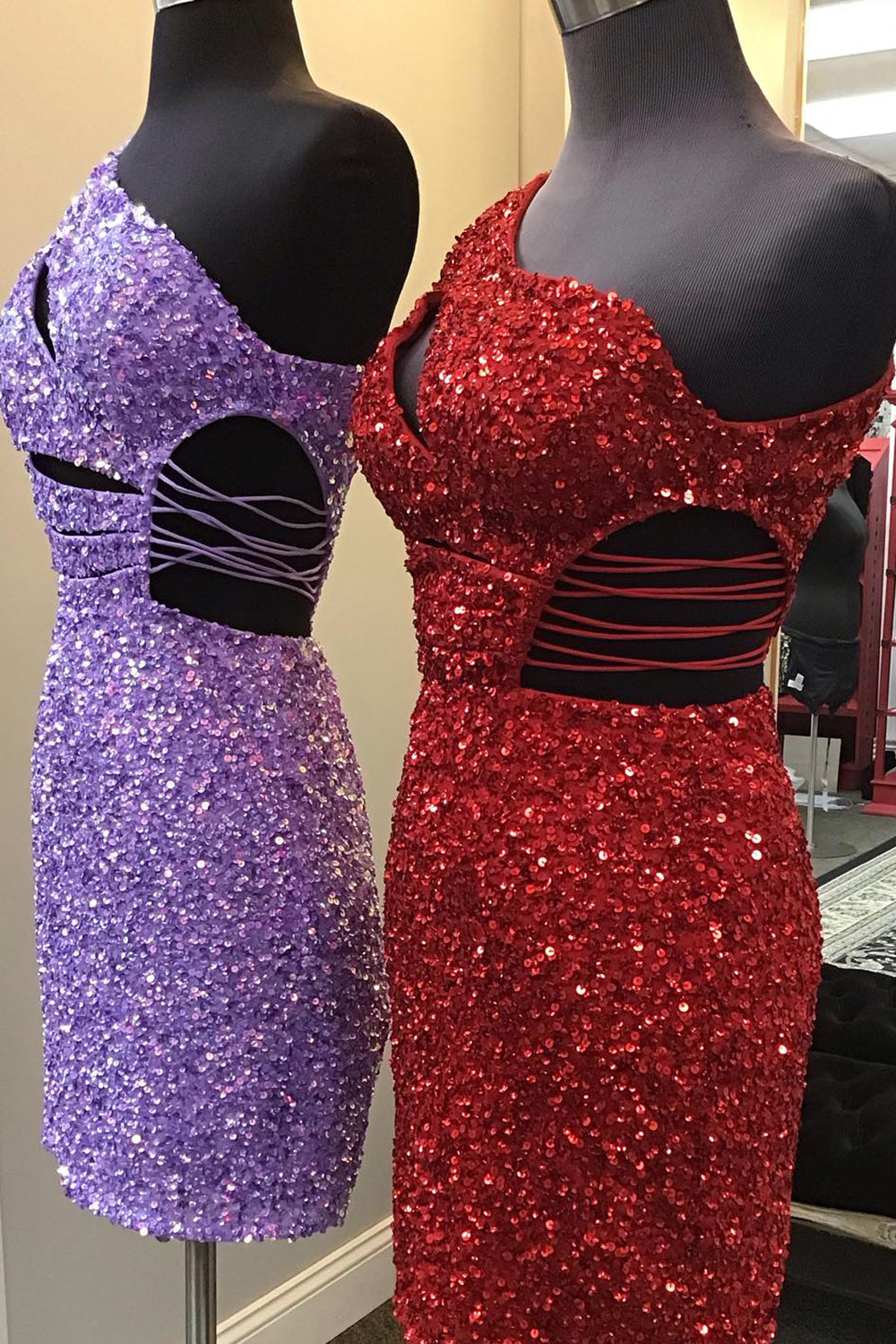 Sparkly Purple One Shoulder Cut Out Sequins Tight Short Homecoming Dress/Mini Dress
