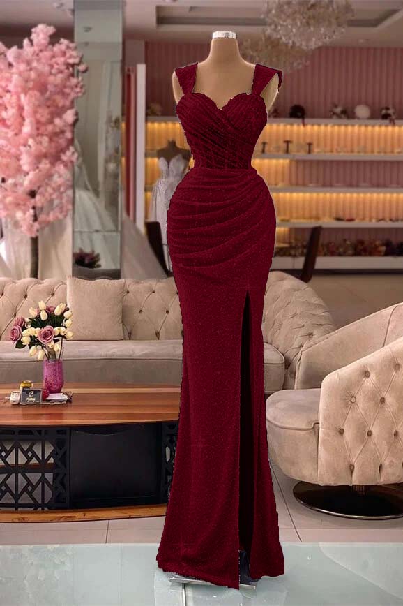 Classic Mermaid Sequins Sweetheart Split Straps Evening Dress With Pleated