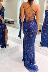 Royal Blue Long Prom Dress with Bling Mermaid Silhouette and Embroidered Spaghetti Straps