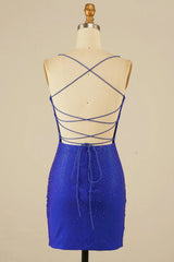Royal Blue Halter Beaded Tight Short Homecoming Dress/Mini Dress
