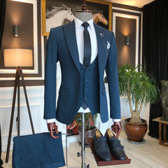 Newest Navy Three-Piece Peaked-Lapel Men's Suits for Business Occasions