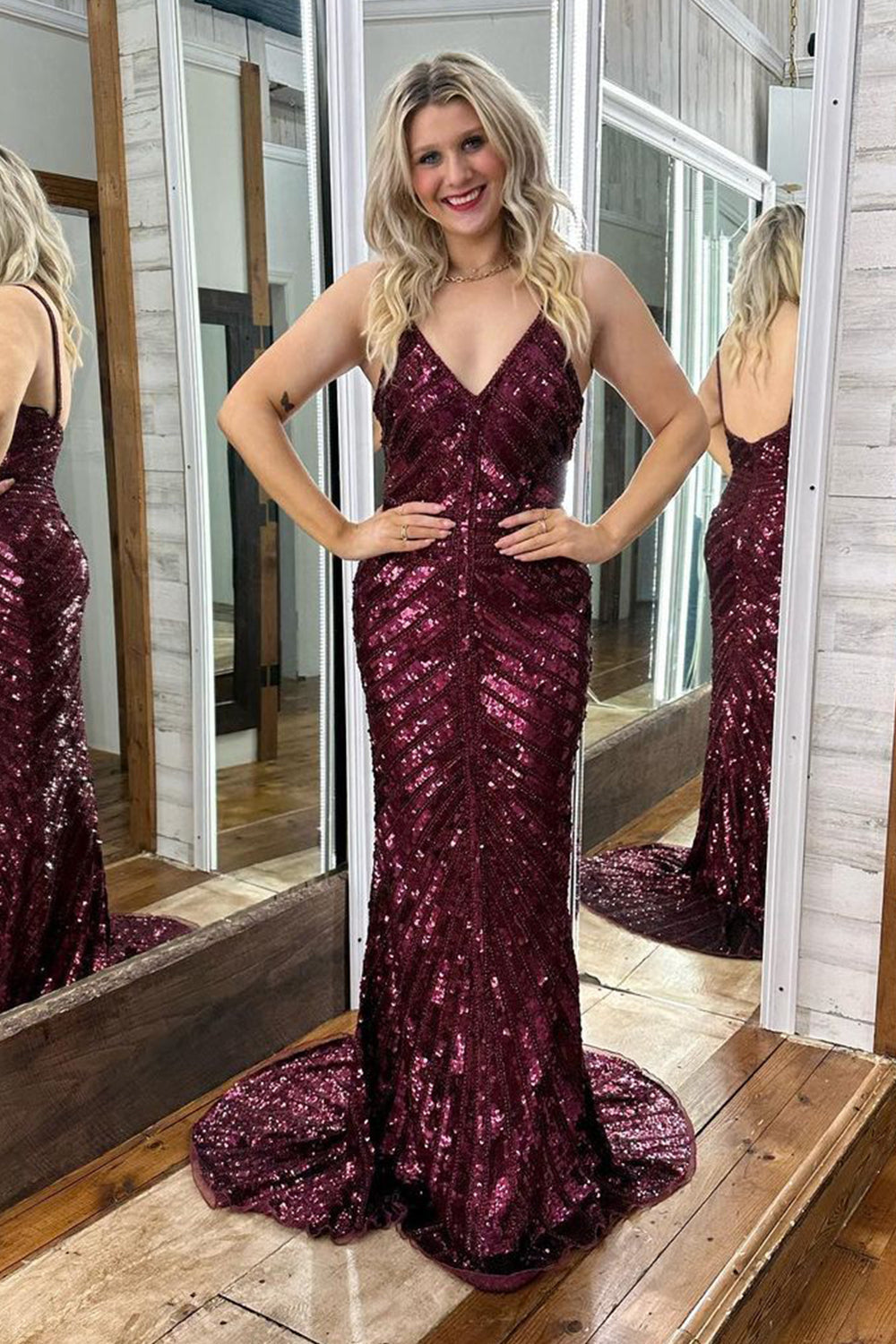 Long Burgundy Backless Prom Dress with Mermaid Spaghetti Straps and Sequins
