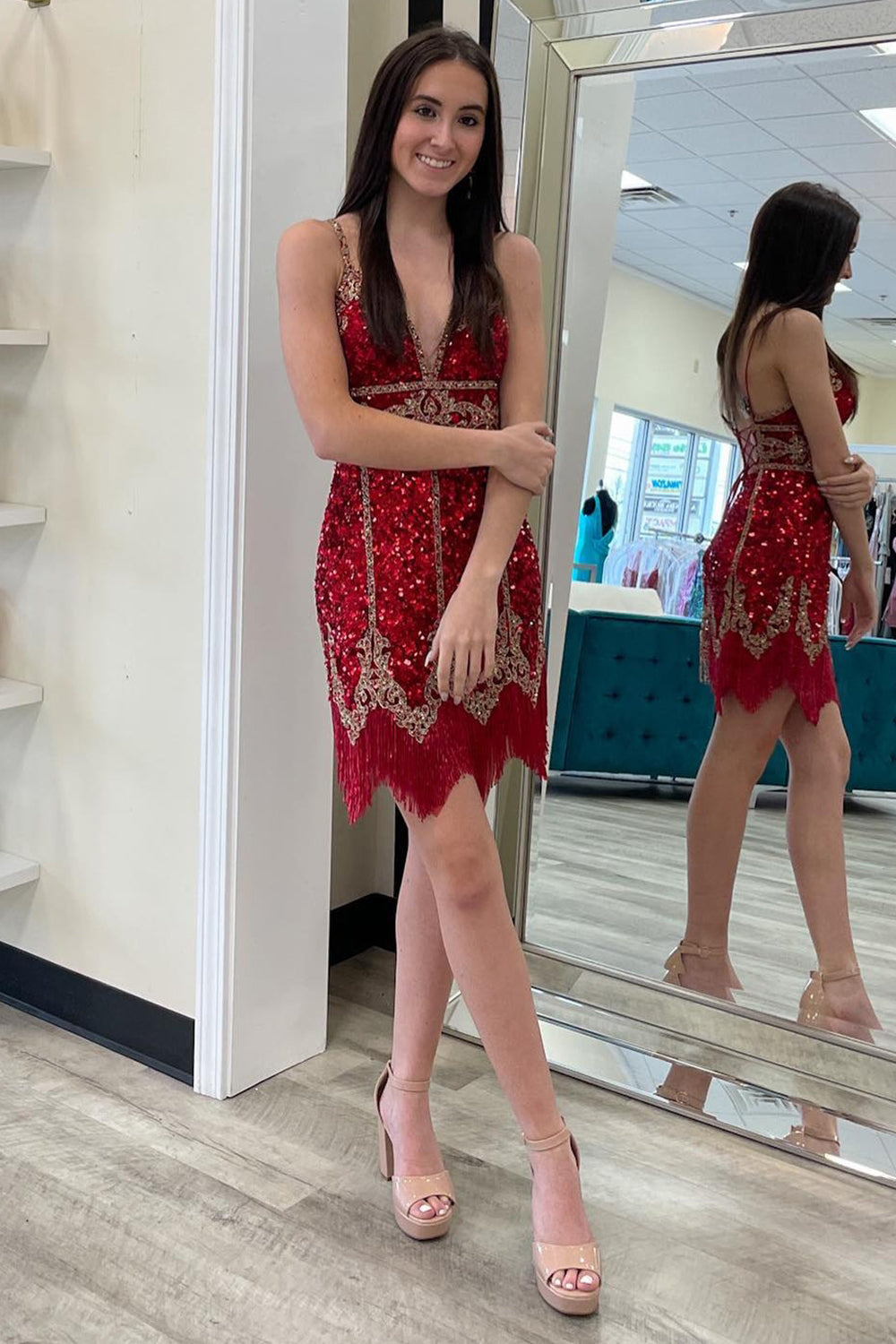 Turquoise Sequined Homecoming Dress/Mini Dress With Fringes