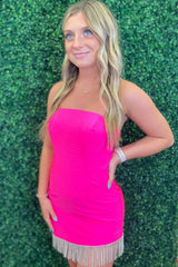Fuchsia Strapless Fringed Tight Short Homecoming Dress/Mini Dress