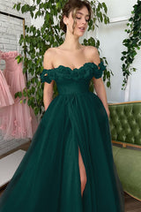 Dusty Pink A-Line Slit Strapless Off-The-Shoulder Evening Dress With Tulle Appliques