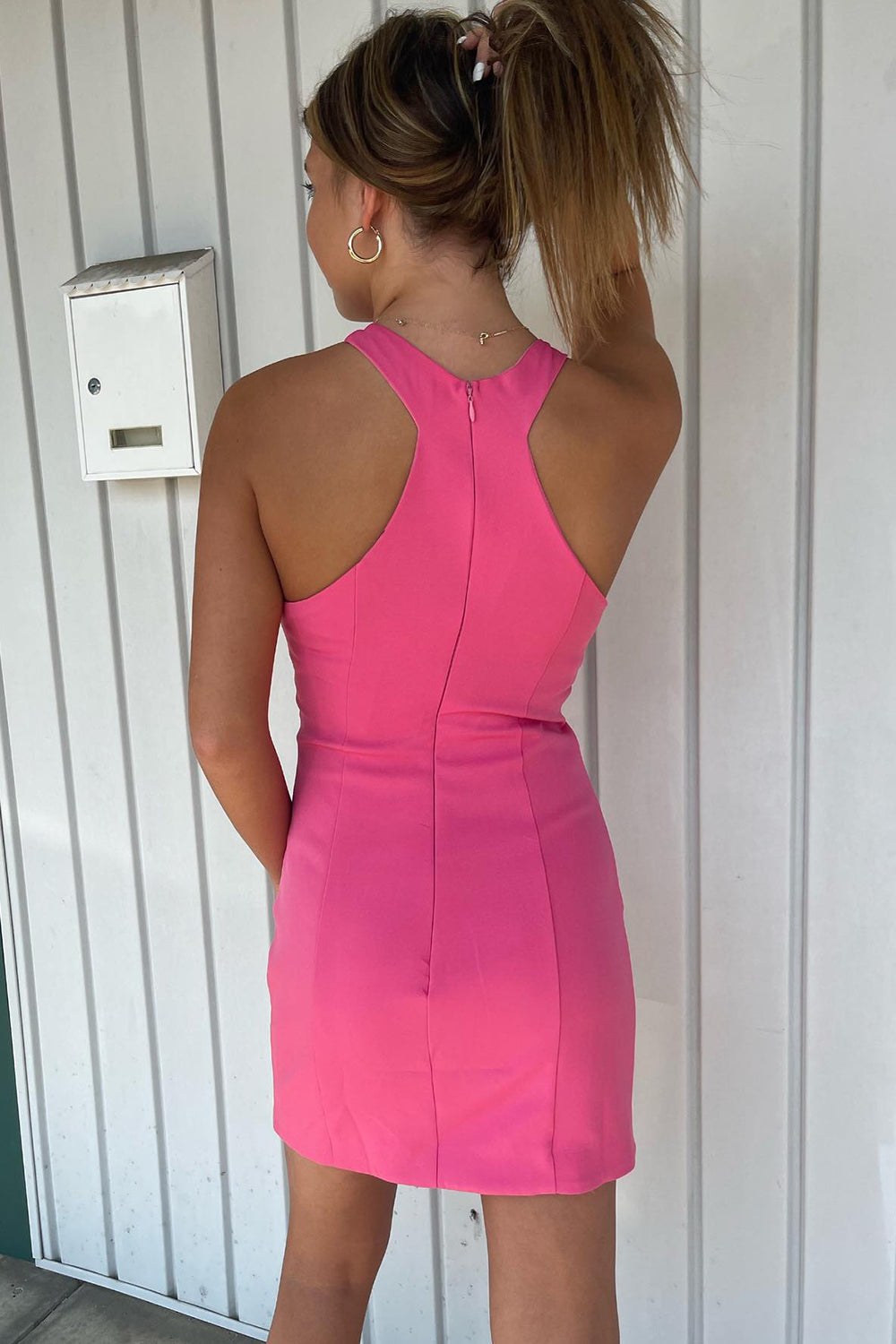 Simple Fuchsia Satin Halter Tight Short Homecoming Dress/Mini Dress