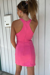 Simple Fuchsia Satin Halter Tight Short Homecoming Dress/Mini Dress