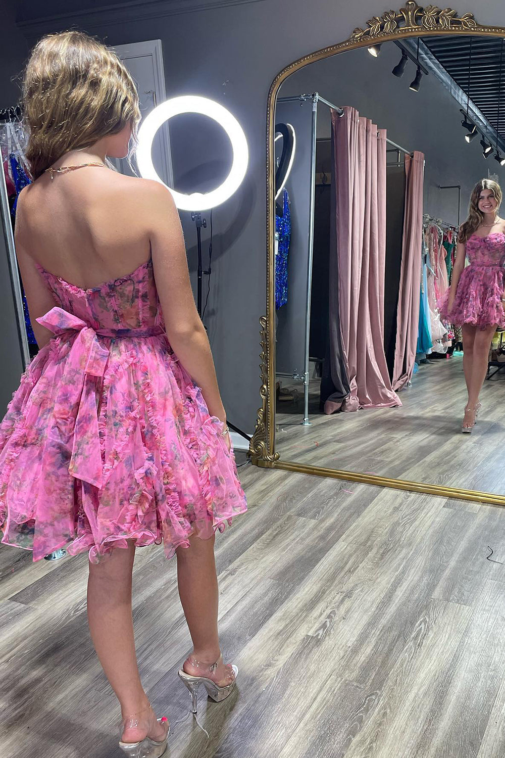 Lilac Corset Sweetheart Floral A-Line Short Homecoming Dress/Mini Dress with Ruffles