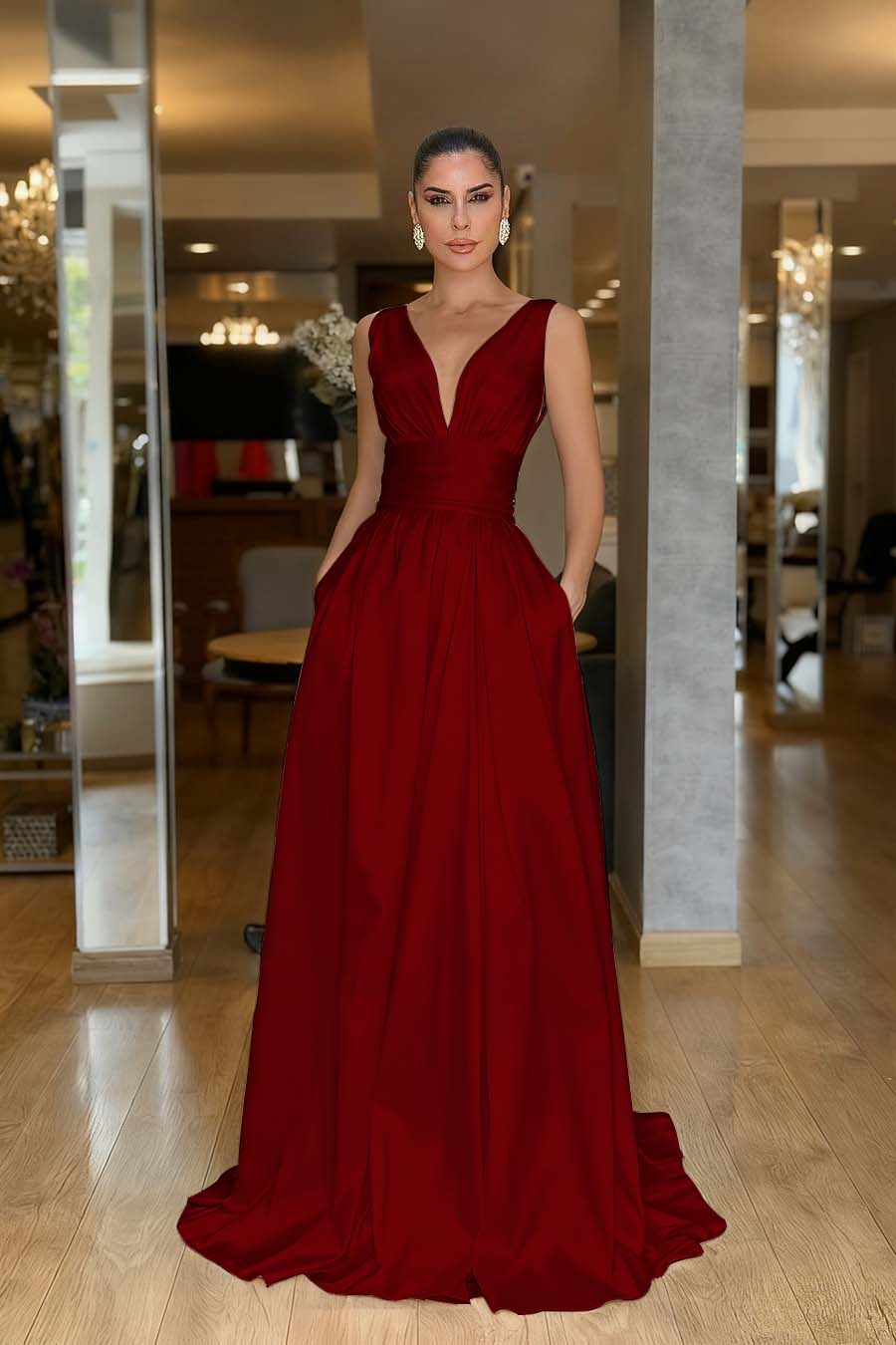 Straps Sleeveless High Waist Long Formal Dress With Pockets Pleated