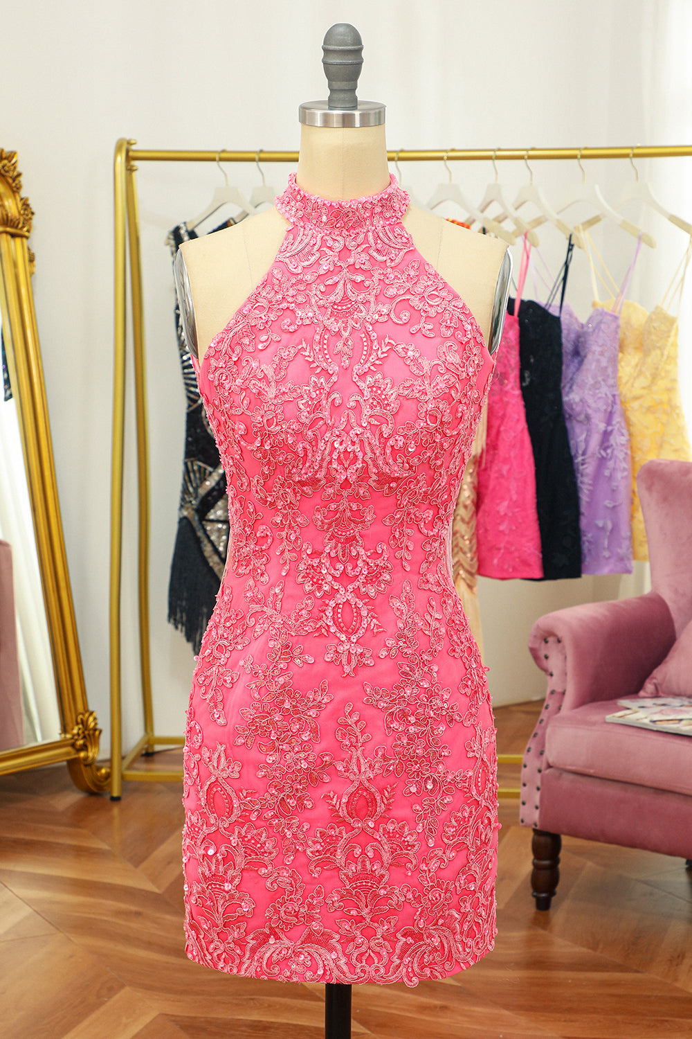 Pink Open Back Halter Lace Tight Homecoming Dress/Mini Dress