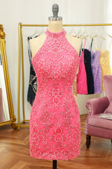 Pink Open Back Halter Lace Tight Homecoming Dress/Mini Dress