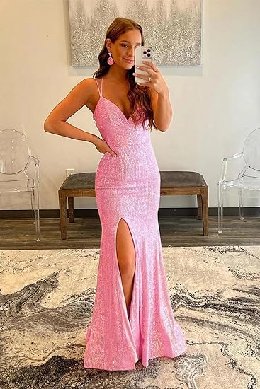 Orange Sequins Long Prom Dress with Mermaid Spaghetti Straps and Front Split