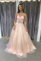 Pink Sweetheart Corset Prom Dress with Appliques in A-Line Style