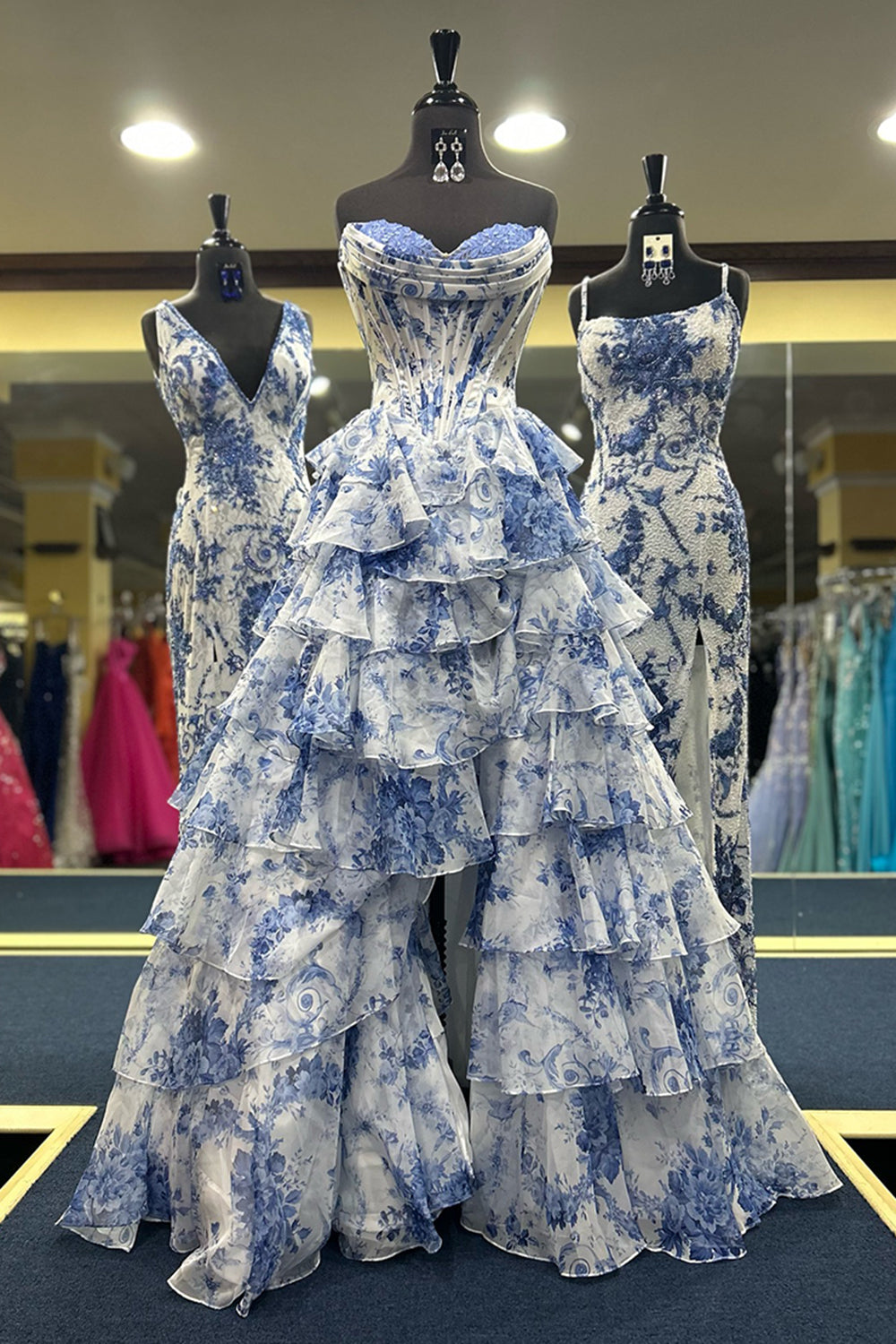 Blush Floral A-Line Long Chiffon Prom Dress with Corset and Tiered Slit