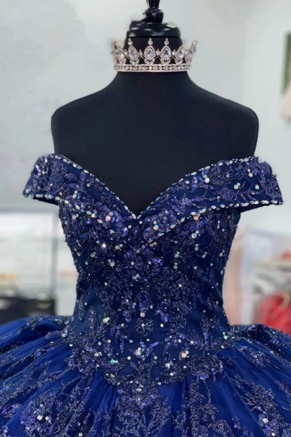 Navy Off-the-Shoulder Ball Gown with Sparkly Sequins Applique for Quinceanera