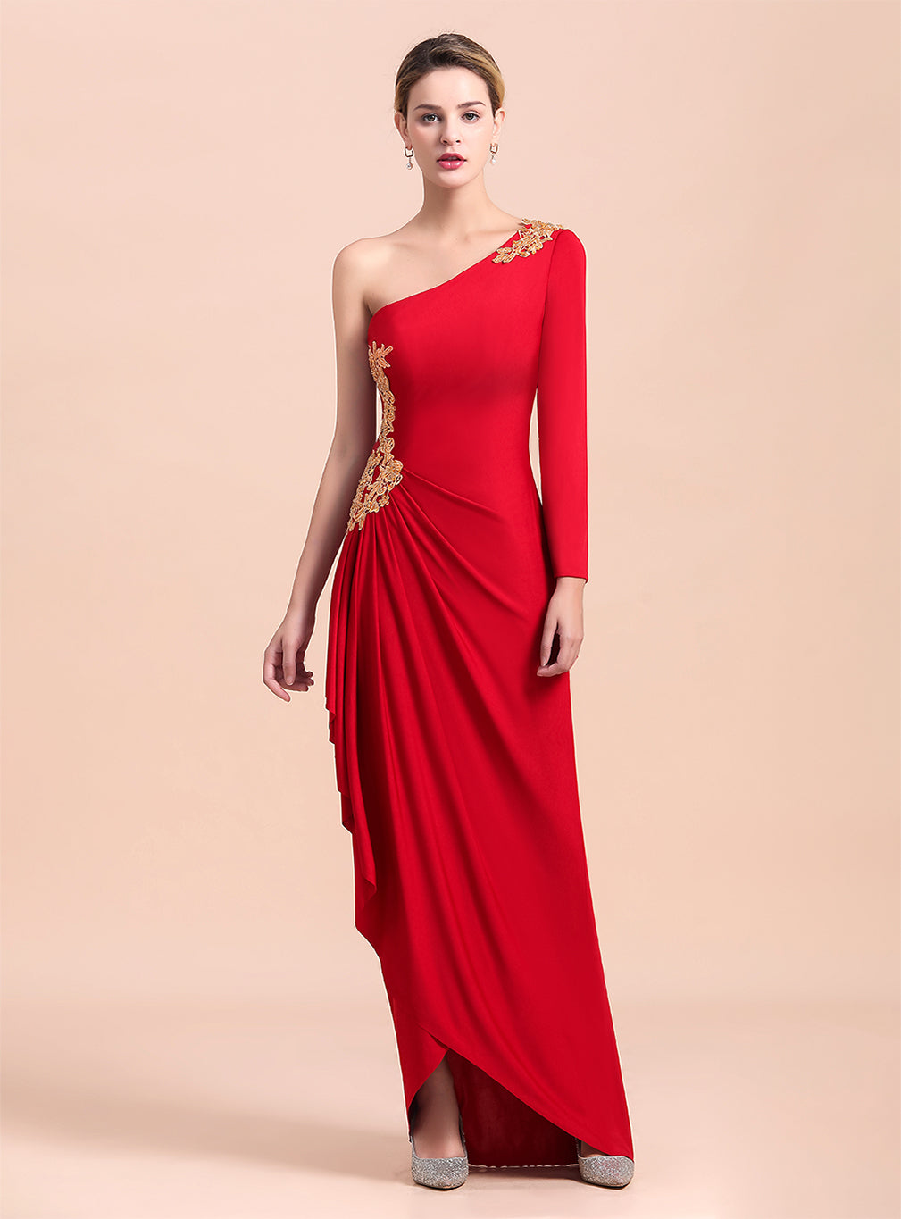 One-Shoulder Long Sleeves Ruffle Appliques Dress-koscy