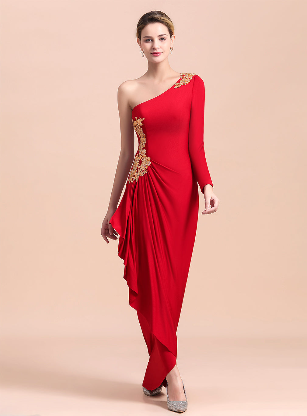 One-Shoulder Long Sleeves Ruffle Appliques Dress-koscy