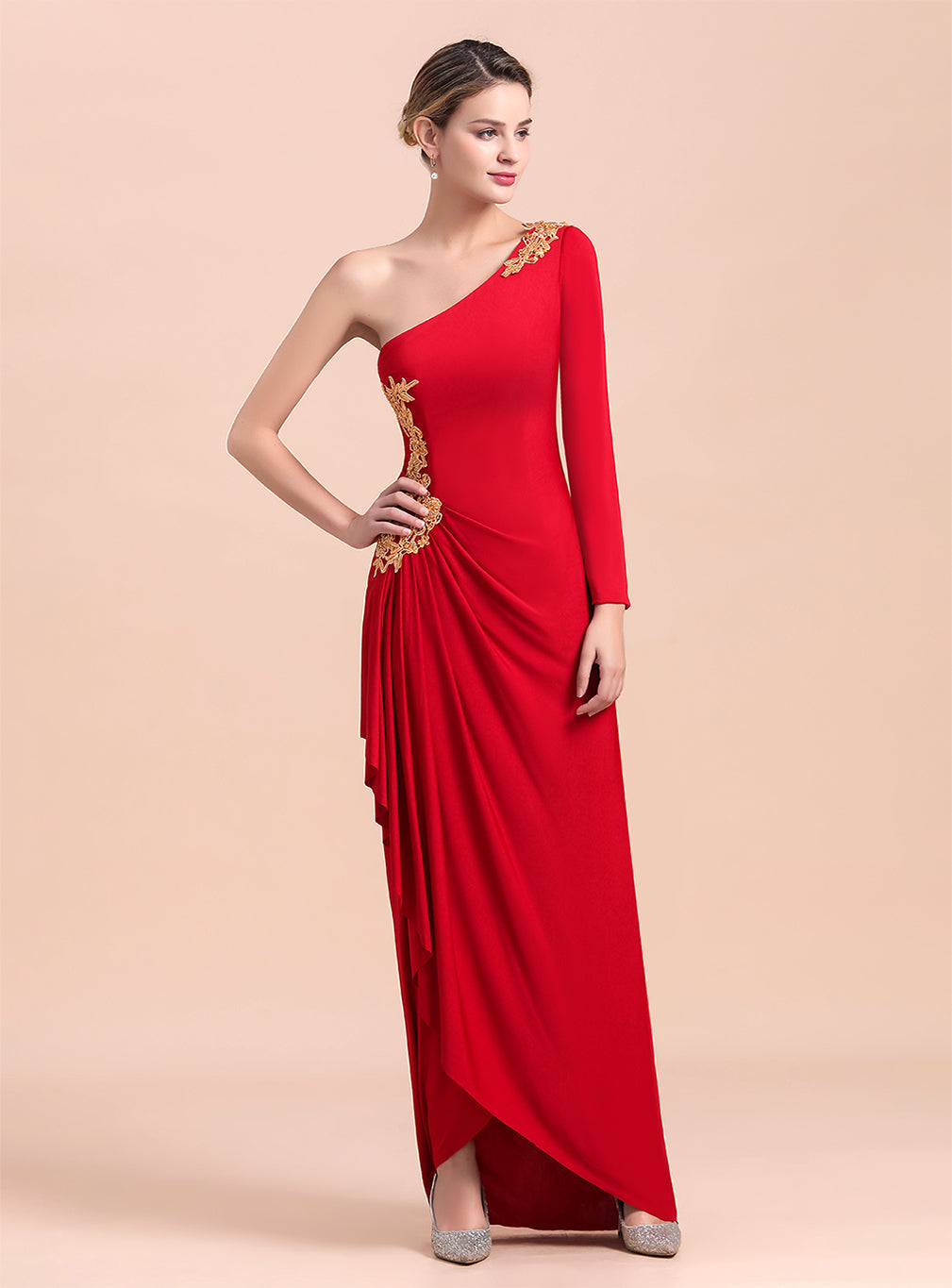 One-Shoulder Long Sleeves Ruffle Appliques Dress-koscy