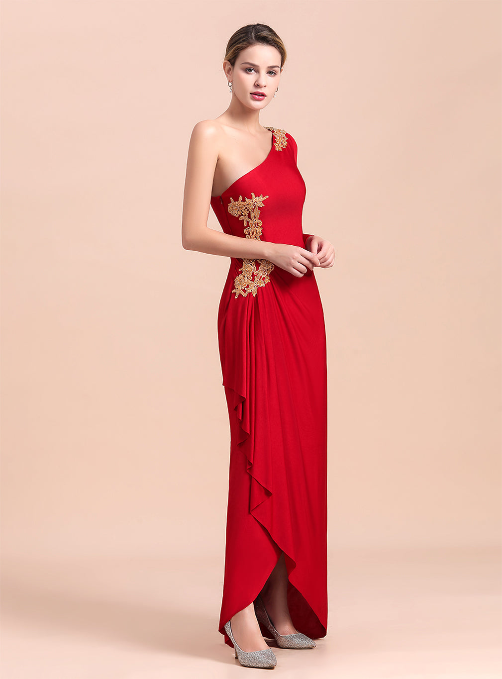 One-Shoulder Long Sleeves Ruffle Appliques Dress-koscy