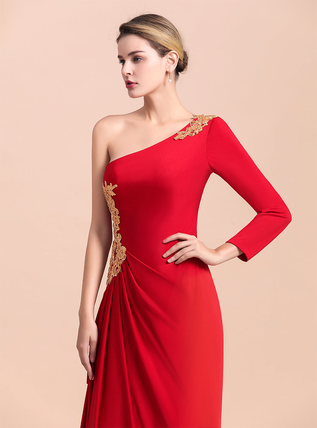 One-Shoulder Long Sleeves Ruffle Appliques Dress-koscy