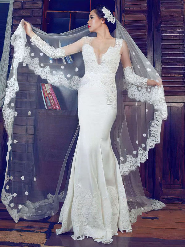 Gorgeous Trumpet/Mermaid V-neck Satin Wedding Dress With Beading and Sweep Train