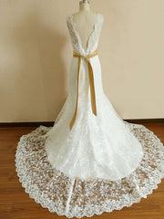 Trumpet / Mermaid Illusion Lace Court Train Wedding Dress with Sashes / Ribbons