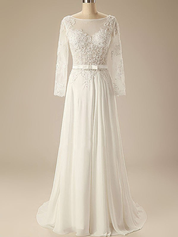 A-line Illusion Chiffon Sweep Train Wedding Dress with Beading